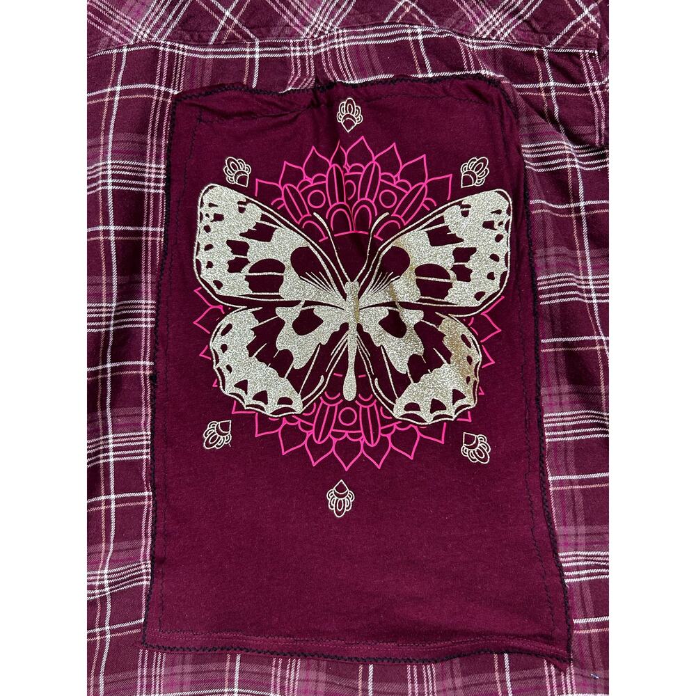 SONOMA Burgundy Wine Plaid Upcycled Butterfly Flannel Shirt Size Small - Picture 2 of 11